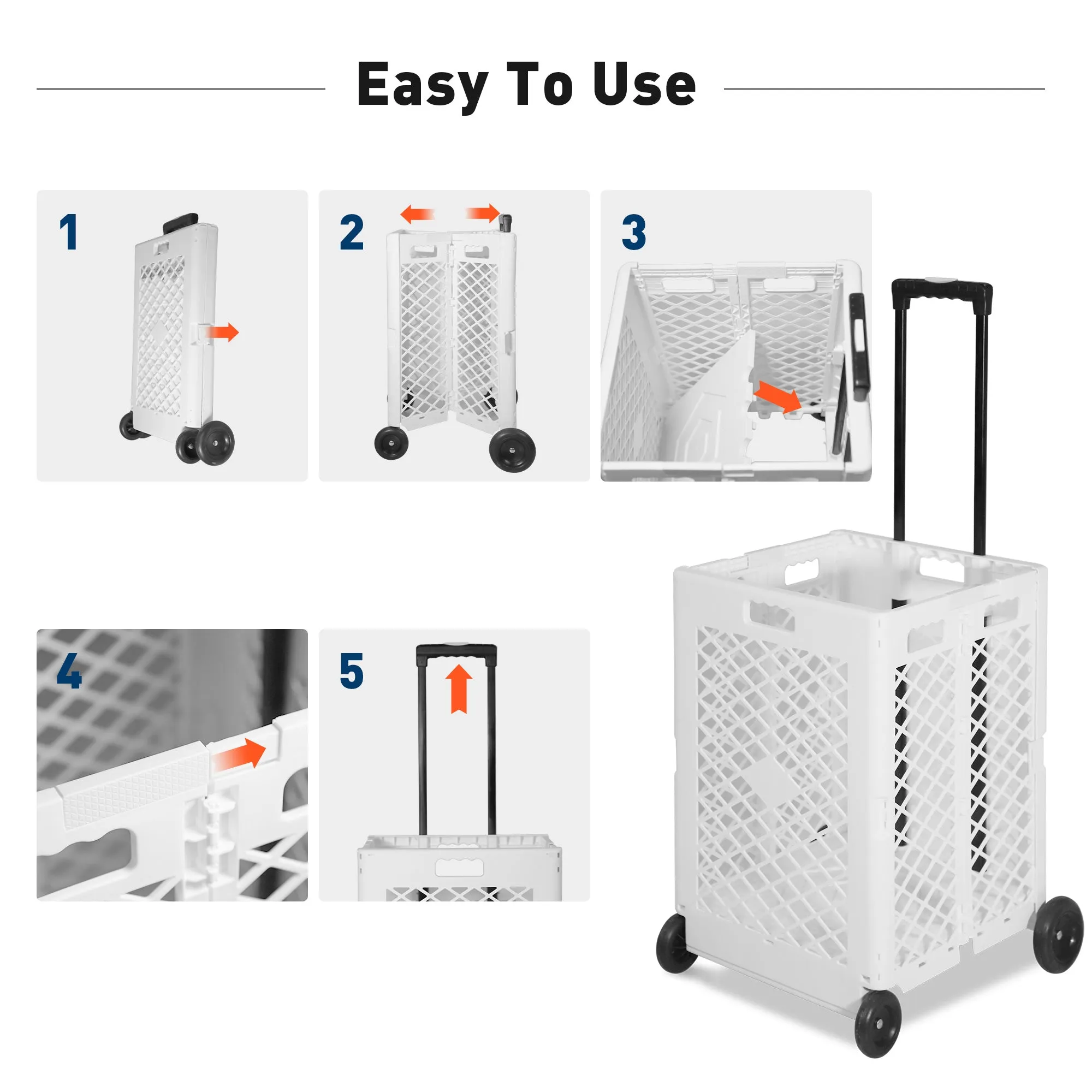 Foldable Rolling Cart Crate Collapsible Basket with Wheels & Telescopic Handle, 66 lbs Capacity, White